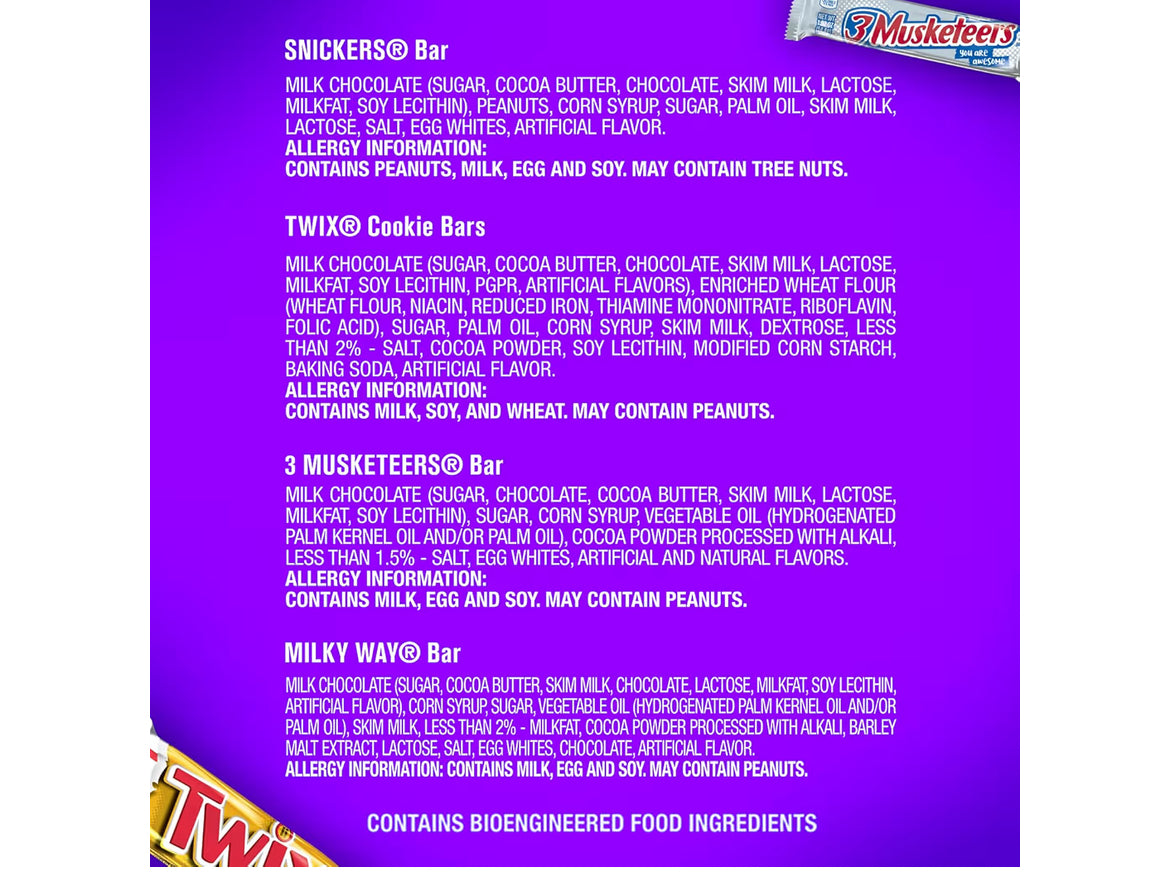 Mars Chocolate Full Size Candy Variety Box 18 Count Snickers Twix 3 Musketeers Milky Way