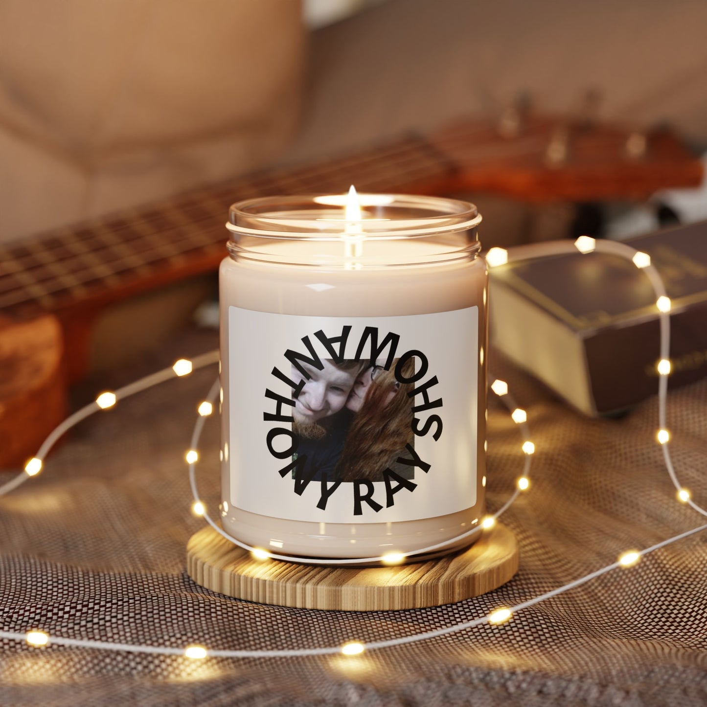 Custom Photo Scented Soy Candle in Glass Jar with Black Lid