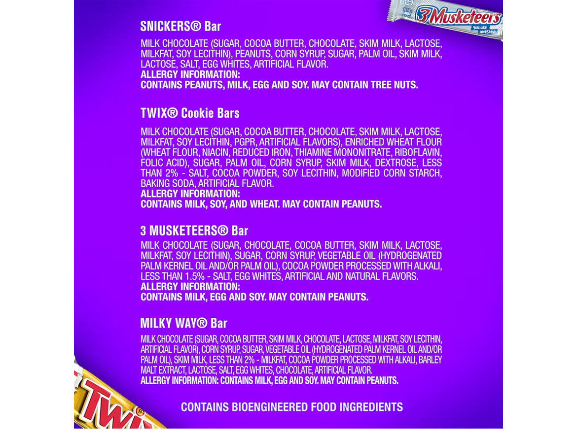 Mars Chocolate Full Size Candy Variety Box 18 Count Snickers Twix 3 Musketeers Milky Way