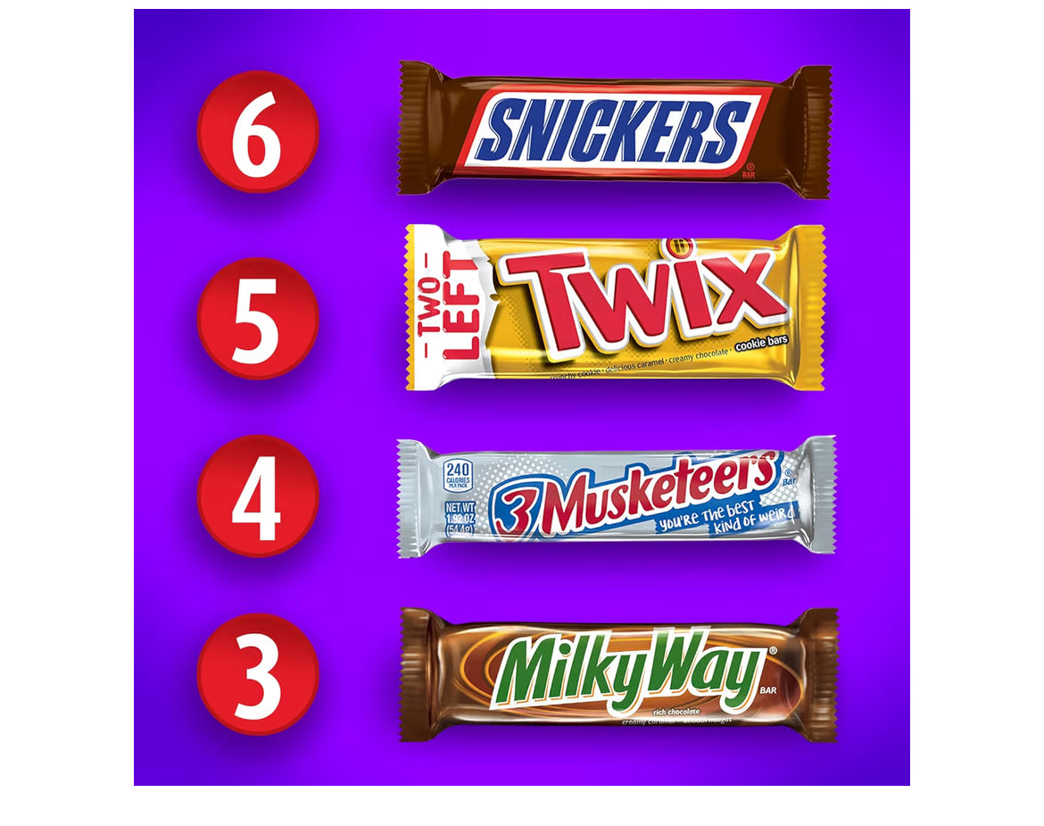 Mars Chocolate Full Size Candy Variety Box 18 Count Snickers Twix 3 Musketeers Milky Way