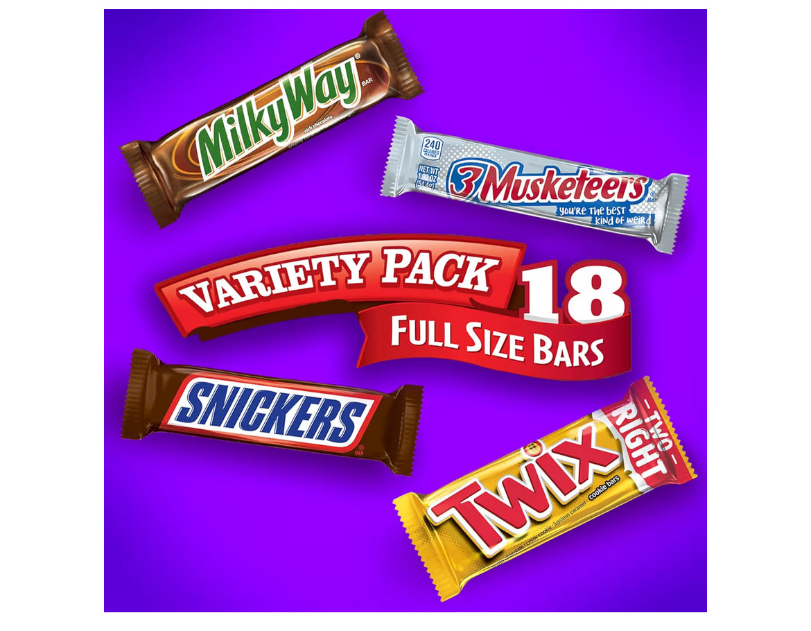 Mars Chocolate Full Size Candy Variety Box 18 Count Snickers Twix 3 Musketeers Milky Way