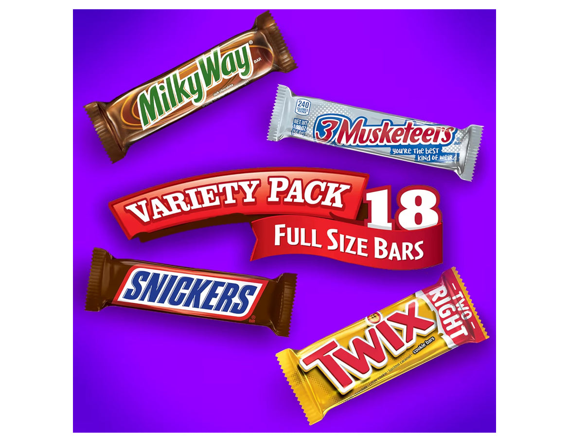 Mars Chocolate Full Size Candy Variety Box 18 Count Snickers Twix 3 Musketeers Milky Way