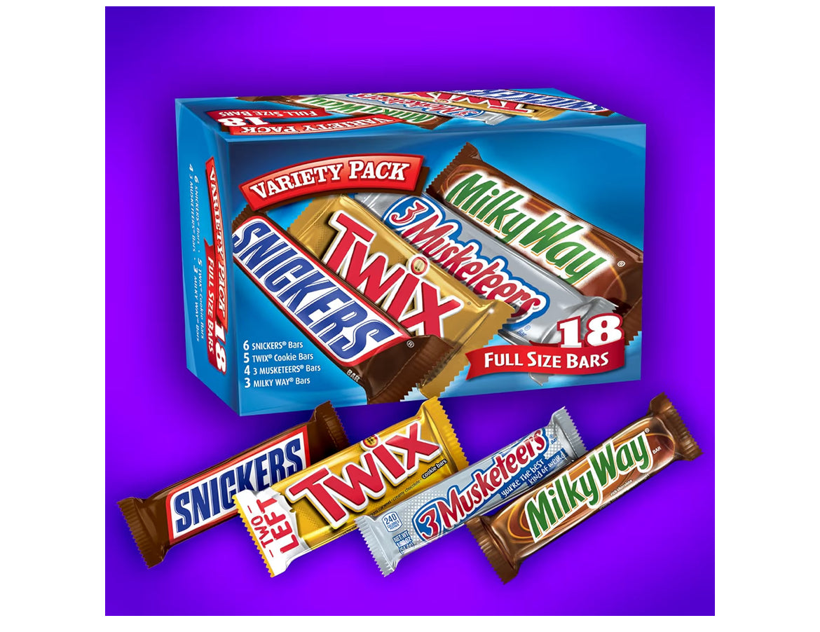 Mars Chocolate Full Size Candy Variety Box 18 Count Snickers Twix 3 Musketeers Milky Way
