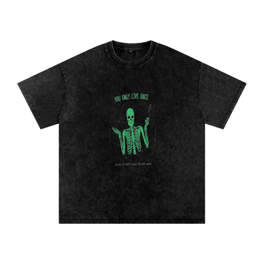 Unisex Snow Wash Oversized Tee Green Skeleton Print Black Cotton T-Shirt