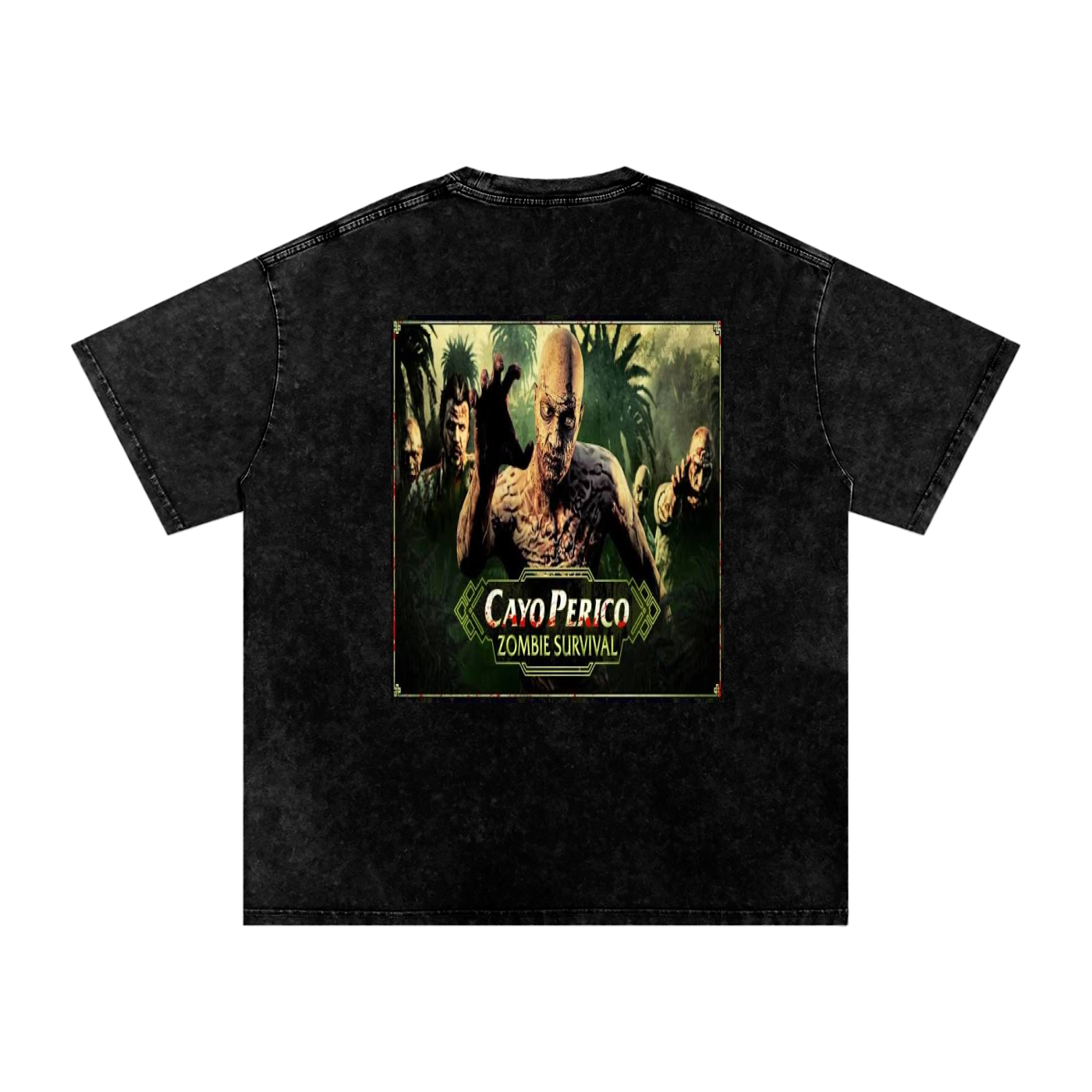 Unisex Snow Wash Oversized Tee Green Skeleton Print Black Cotton T-Shirt
