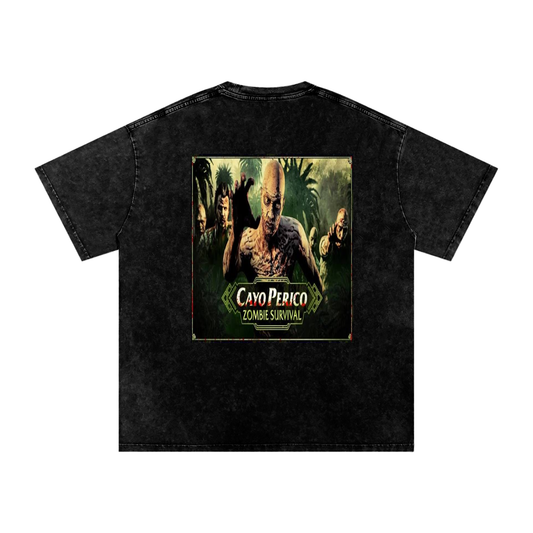 Unisex Snow Wash Oversized Tee Green Skeleton Print Black Cotton T-Shirt