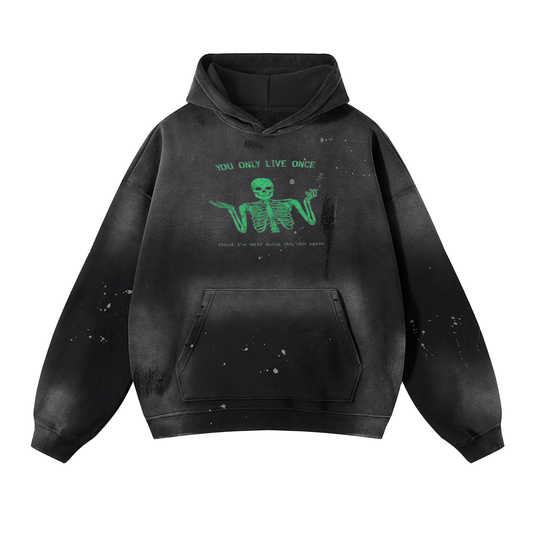 Washed Black Skeleton Graphic Oversized Fleece Hoodie